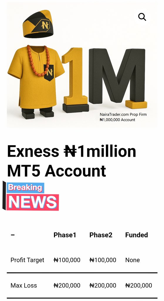 3 x ₦1million Giveaway 
(FX Evaluation Account)
⛔ Forex traders only 

Must:

• Follow <a href="/naira_trader/">NairaTrader</a>
• Like, repost and tag 3 friends
• Turn on notifications 🔔 and be active on both pages
• Comment your NairaTrader username (Register here: app.nairatrader.com/account/)

Winners