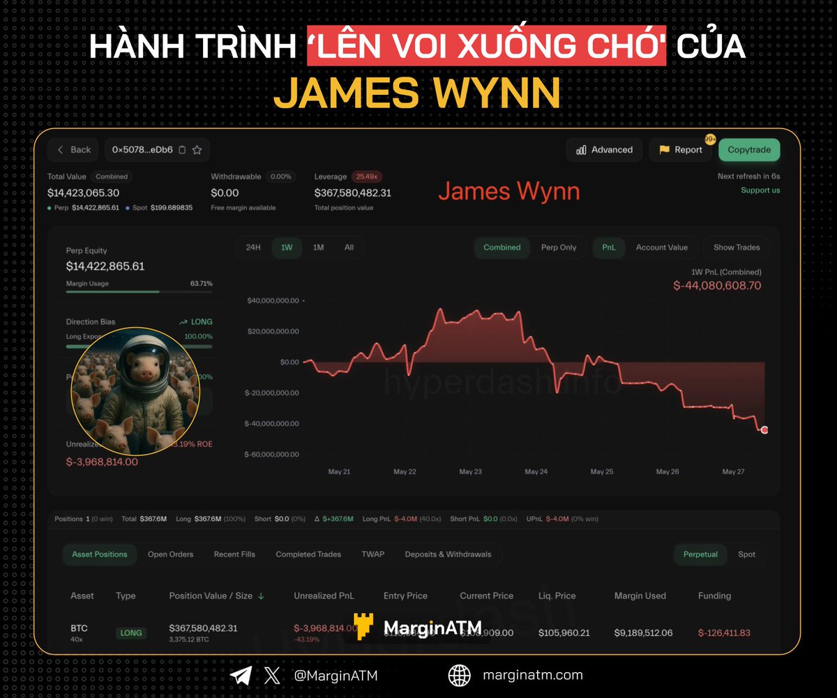 🚨 JAMESWYNN - TỪ ĐỈNH TỶ ĐÔ ĐẾN VỰC THẲM 8 TRIỆU ĐÔ

Trong vài ngày qua, cộng đồng crypto không khỏi dậy sóng trước những động thái “tỷ đô” của tài khoản X <a href="/JamesWynnReal/">James Wynn 🤴</a>. 

Anh ta nổi lên như một “hiện tượng” khi dồn vào một cú lệnh 8.271 BTC long gần