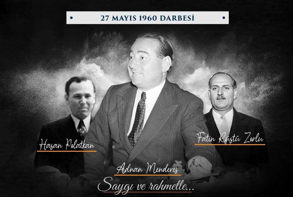 Demokrasi tarihimizin kara lekesi #27Mayıs darbesinin 65. yıl dönümünde; şehit Başbakan Adnan Menderes ile yol arkadaşları Fatin Rüştü Zorlu ve Hasan Polatkan'ı saygı ve rahmetle yâd ediyorum.
Ruhları şâd olsun.
