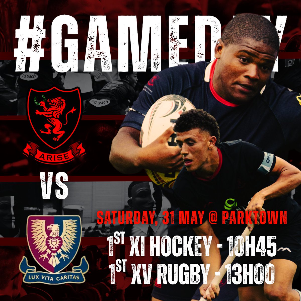 This Saturday, the Parktown spirit roars louder than ever as we take on St John's College in one of the biggest fixtures of the year.

🏑 1st XI Hockey – 10h45
🏉 1st XV Rugby – 13h00

Stand tall. Stand proud. See you at the Lion's Den!
#ARISE
#PBHS27