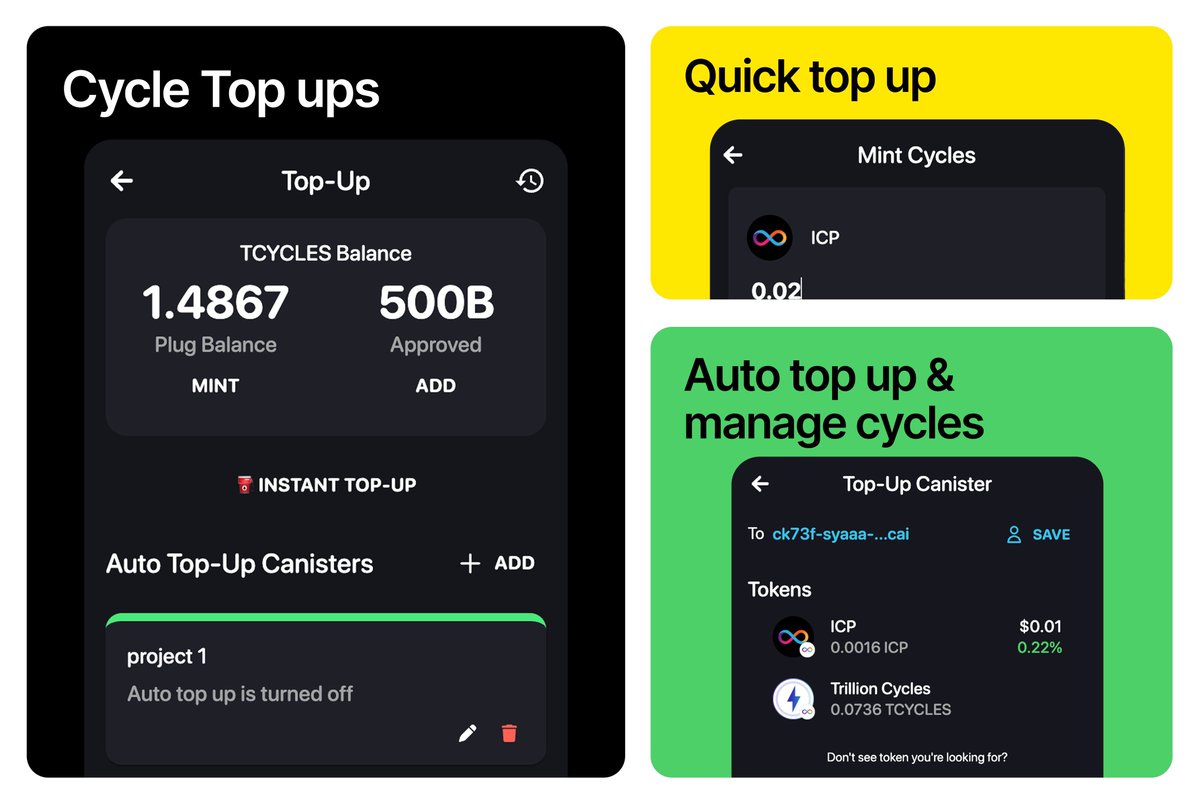 ⚡️ Cycles top-up is now available in Plug!⚡️

Update your extension and start minting cycles directly from your wallet

Use it for:
✅ Quick top-ups for canisters
✅ Full cycle management with auto-top-up
