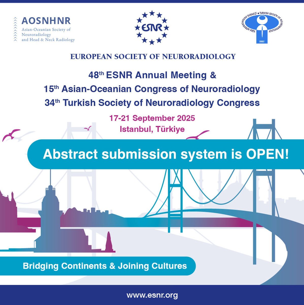 ESNRad's tweet photo. #ESNR25
Abstract submission deadline for the 48th ESNR Annual Meeting is exceptionally extended to 15th June 2025.
Keep submitting your abstracts and join us in Istanbul!
#Neurorad #ThisIsESNR
https://t.co/HmpPLlq0zC https://t.co/AVDLFOXQjX