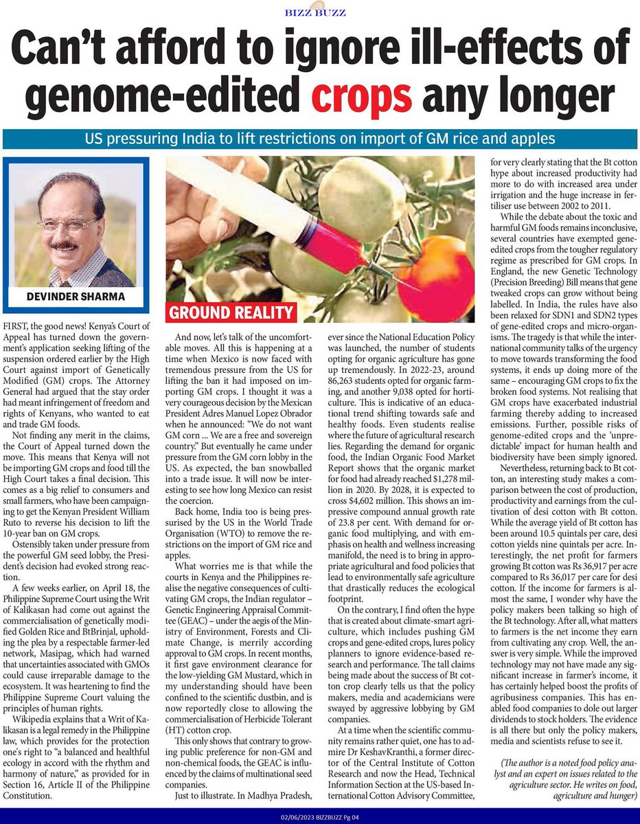 A lot of media excitement over the genome-edited crops. This is quite normal for anything that is backed by corporate interests. But before getting swayed, do find out why India should refrain from turning into a #GMRepublic. We need to safeguard our food. Re-plugging my article.