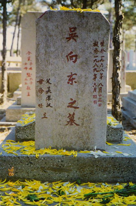 24 吴向东
#八九民运 #六四屠杀 吴向东，21岁，北京东风电视机厂工人，北京理工大学工业企业管理专业成人夜校三年级学生。1989 年6月3日晚，吴向东从家中送女友回家，在木樨地桥头附近颈部中弹，子弹从后左边近脊椎处穿出，4日凌晨因血流尽死于复兴医院。
图三为吴向东在戒严后于天安门广场所写遗书。