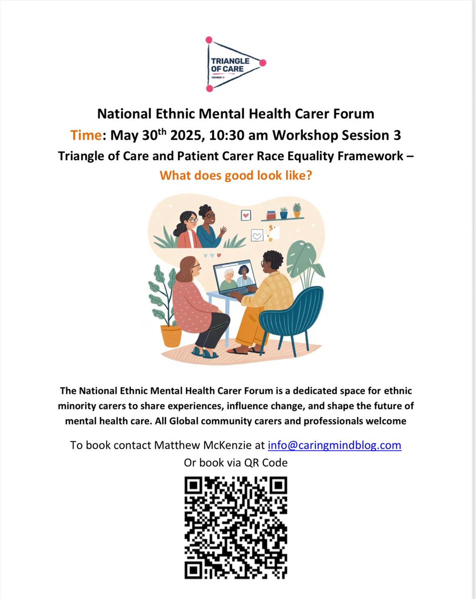 Blackburn Carers (@blackburncarers) on Twitter photo National Ethnic Mental Health Carer Forum - Workshop Session 3
🕥: 10.30am
📆: Friday 30th May
To book contact Matthew at info@caringmindblog.com or book via QR Code
#framework #ethnic #workshop #carers #patient #race #equality #mentalhealth #community #professionals National Ethnic Mental Health Carer Forum - Workshop Session 3
🕥: 10.30am
📆: Friday 30th May
To book contact Matthew at info@caringmindblog.com or book via QR Code
#framework #ethnic #workshop #carers #patient #race #equality #mentalhealth #community #professionals