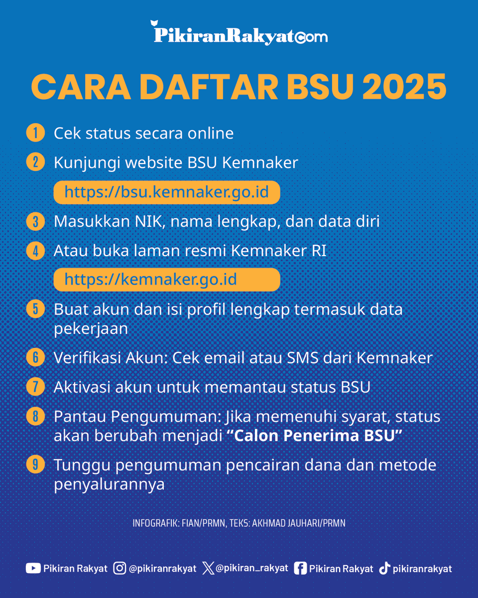 pikiran_rakyat's tweet photo. Sobat PR yang ingin mendaftar Bantuan Subsidi Upah (BSU), bisa mengurus persyaratannya yang simpel, daftarnya juga gampang. 

Ini adalah satu di antara banyaknya bantuan sosial (bansos) yang disediakan pemerintah. Ada bantuan PKH (Program Keluarga Harapan), ada pula bantuan lainnya.

Akhmad Jauhari/PRMN

Selengkapnya di https://t.co/IrcBZPYzy3

#syarat #daftar #BSU