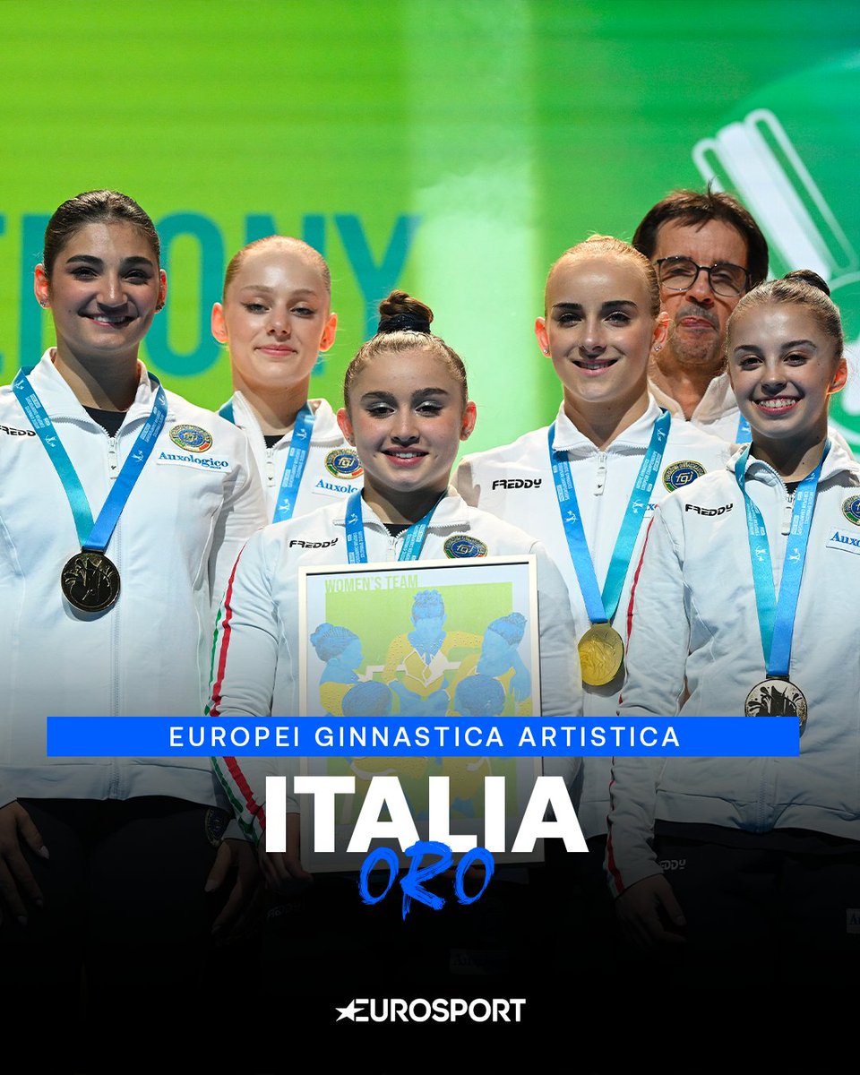 Eurosport_IT's tweet photo. CAMPIONESSE D'EUROPA 🥇🤸‍♀️🇮🇹

A Lipsia la formazione azzurra composta da Manila Esposito, Alice D’Amato, Giulia Perotti, Emma Fioravanti e Sofia Tonelli vince la gara a squadre per il secondo anno consecutivo 👏👏👏

#EuroGymnastics #Leipzig2025 #gymnastics #artisticgymnastics https://t.co/hf91OoEFkn