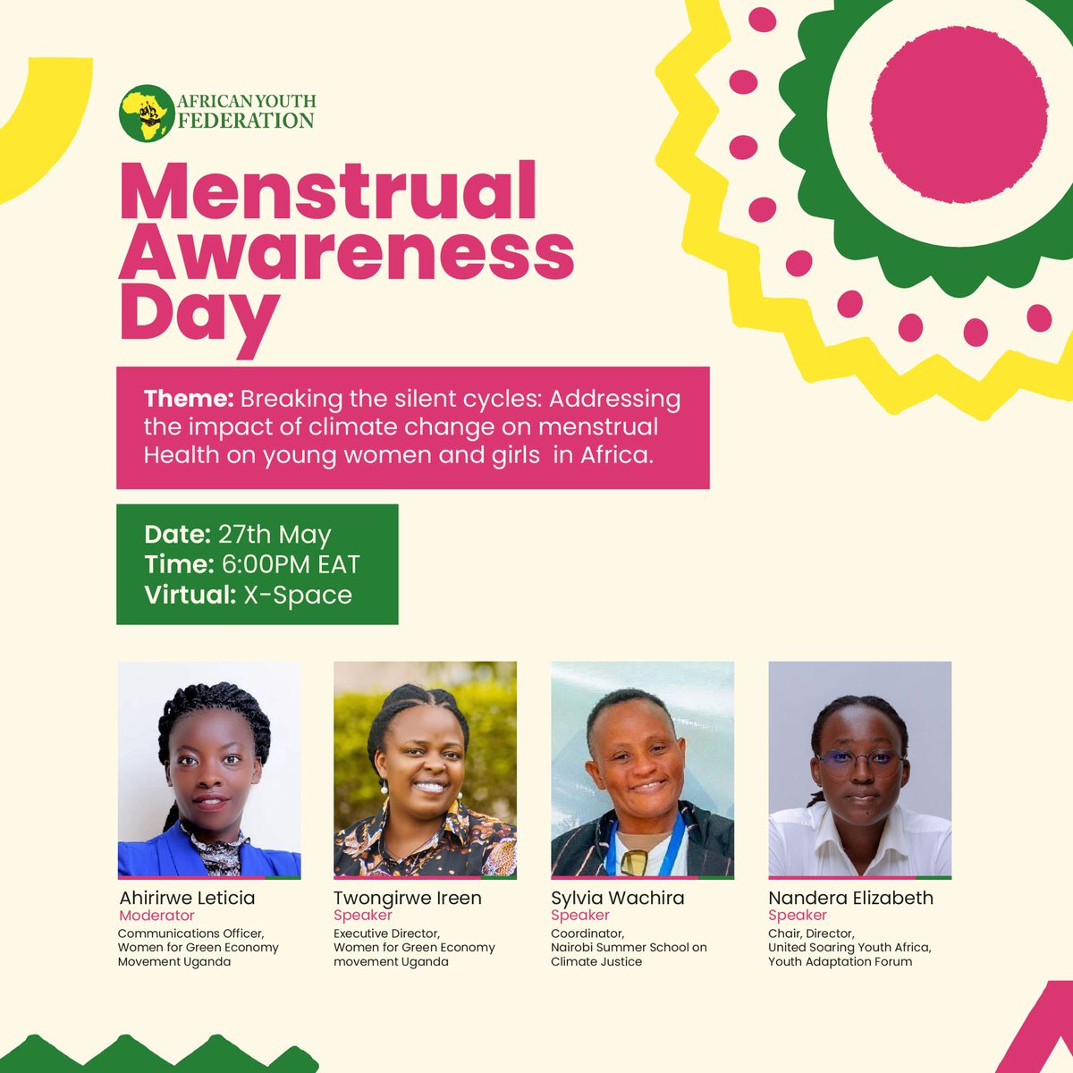 ahirirwe_l's tweet photo. I will be moderating today's space hosted by @AfricanYouthFdn at exactly 6pm EAT .
Endeavor to login
#MenstrualDay
@famaug1
@FarajaAfricaFdn
https://t.co/JELP9VpVgO https://t.co/QBDp5ZSA8U