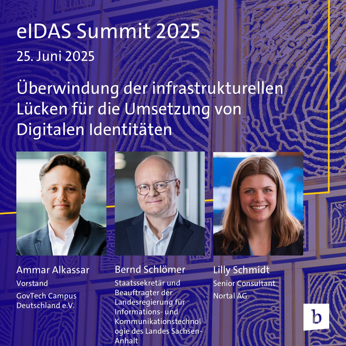 Bitkom_Privacy (@bitkom_privacy) on Twitter photo Die EUDI-Wallet nach eIDAS-2.0 stellt Länder & Kommunen vor große Herausforderungen. Wie lassen sich technische Standards umsetzen?
Erfahrungen teilen Ammar Alkassar (<a href="/GovTechCampusDE/">GovTechCampusDE</a>), <a href="/BuBernd/">Bernd Schlömer</a> (MID) & Lilly Schmidt (<a href="/NortalGlobal/">Nortal</a>) auf dem #eidas25.
➡️ eidas-summit.de/de/tickets Die EUDI-Wallet nach eIDAS-2.0 stellt Länder & Kommunen vor große Herausforderungen. Wie lassen sich technische Standards umsetzen?
Erfahrungen teilen Ammar Alkassar (<a href="/GovTechCampusDE/">GovTechCampusDE</a>), <a href="/BuBernd/">Bernd Schlömer</a> (MID) & Lilly Schmidt (<a href="/NortalGlobal/">Nortal</a>) auf dem #eidas25.
➡️ eidas-summit.de/de/tickets