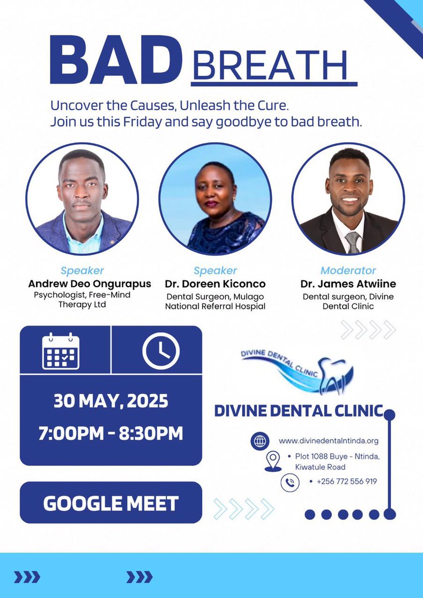 Do you suffer from bad breath?
Worry no more, join us this Friday 30th as we discuss and provide cures you didn’t know existed.

Join in via Google Meet meet.google.com/kwq-sxcn-xzo 

Or 📞 talk to our expert Dentists for free consultation +256 772 556 919