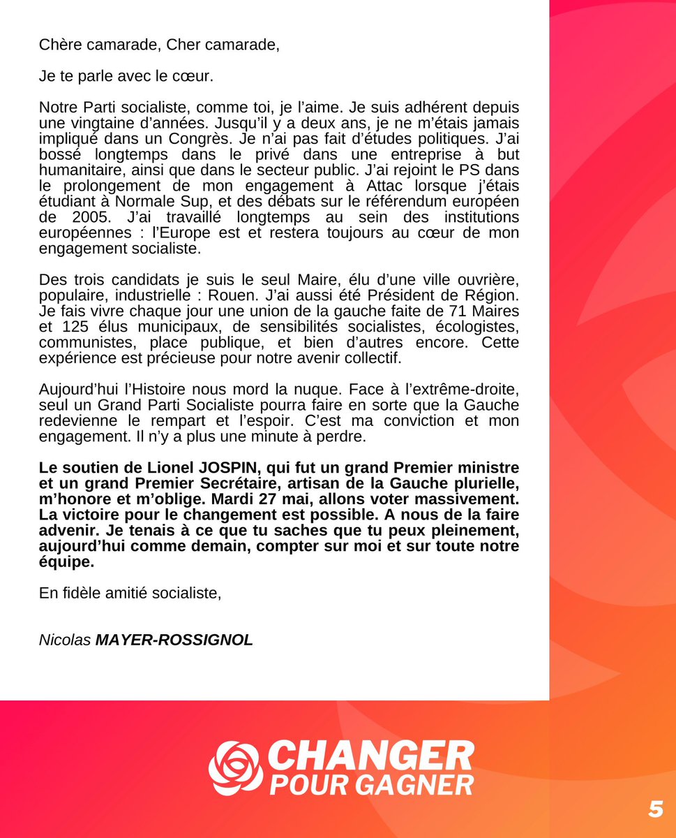 Nicolas Mayer-Rossignol (@nicolasmayernmr) on Twitter photo Adresse à tous les camarades socialistes: en ce mardi 27 mai, relevons face à l’Histoire le défi du changement. Votons ! <a href="/Changer_PS/">Changer pour gagner 🌹</a> <a href="/partisocialiste/">Parti socialiste</a> Adresse à tous les camarades socialistes: en ce mardi 27 mai, relevons face à l’Histoire le défi du changement. Votons ! <a href="/Changer_PS/">Changer pour gagner 🌹</a> <a href="/partisocialiste/">Parti socialiste</a>