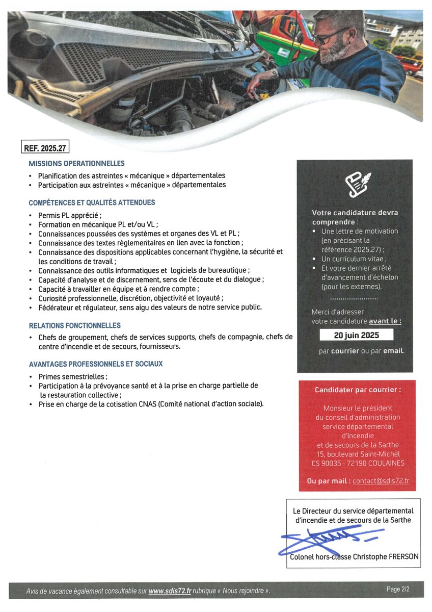 [#Recrutement] 👩‍💻👩‍💻
👉 Le #SDIS72 recrute un(e) chef(fe) de bureau maintenance
📆 Les candidatures, avec la référence 2025.27, sont à envoyer avant le 30/06/2025
📝 Comment postuler ? Retrouvez l’avis de vacance de poste sur notre site internet : sdis72.fr/offres-demploi/