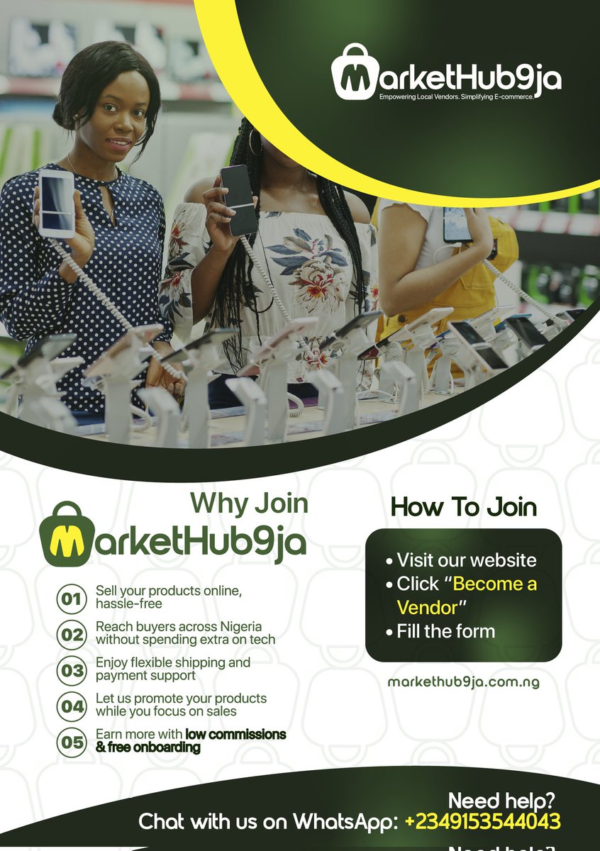 markethub9ja's tweet photo. Gadget and electronics vendors, this one's for you 💥

Markethub9ja is open for vendors.
You get a free platform that guarantees a sales boost.

Send us a DM or visit our website @markethub9ja.com.ng and let's get you started.

#markethub9ja https://t.co/1Hza1Ae7Ht