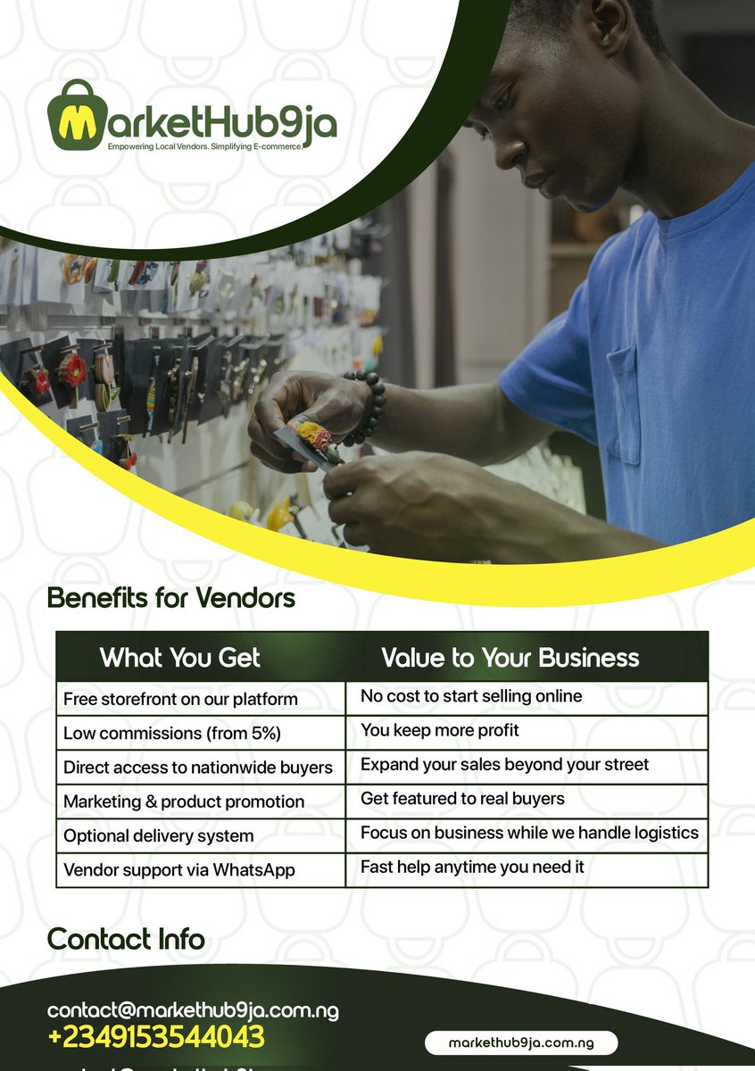 markethub9ja's tweet photo. Gadget and electronics vendors, this one's for you 💥

Markethub9ja is open for vendors.
You get a free platform that guarantees a sales boost.

Send us a DM or visit our website @markethub9ja.com.ng and let's get you started.

#markethub9ja https://t.co/1Hza1Ae7Ht