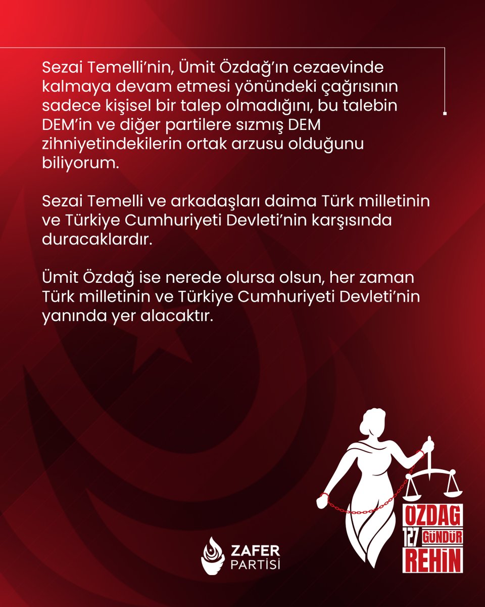 DEM Grup Başkanvekili Sezai Temelli hakkında, avukatlarım bu hafta içinde “adil yargılamayı etkilemeye teşebbüs” suçlamasıyla suç duyurusunda bulunacaklar.

DEM’li Sezai Temelli, katıldığı bir televizyon programında beni ırkçılıkla suçlayarak cezaevinde kalmam gerektiğini