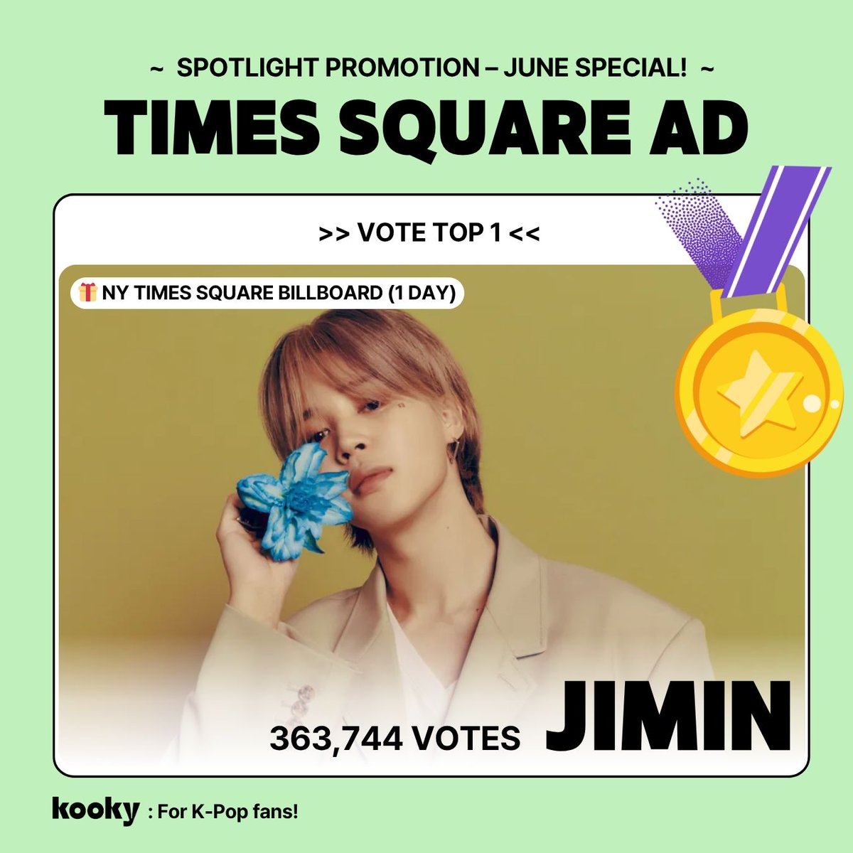 PJM_INA's tweet photo. Jimin berhasil memenangkan voting 'Spotlight Promotion' di Kooky! 👏🎉

Sebagai perayaan dari akhir wajib militernya, iklan ucapan selamat untuk #JIMIN akan tayang sepanjang hari di billboard Times Square, New York, di atas toko Pelé Soccer! 🔥

CONGRATULATIONS JIMIN https://t.co/jY1dZrW3V3