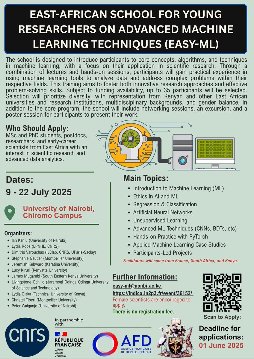 University of Nairobi Faculty of Scie & Technology (@uonfst) on Twitter photo MSc, PhD students & early career scientists in #EastAfrica
Apply to the #EASYML Summer School
<a href="/uonbi/">University of Nairobi</a> Chiromo campus
9–22 July 2025
Explore #MachineLearning with global experts.
𝐃𝐞𝐚𝐝𝐥𝐢𝐧𝐞:𝟏 𝐉𝐮𝐧𝐞 𝟐𝟎𝟐𝟓
indico.in2p3.fr/event/36152/
#ArtificialIntelligence #DataScience MSc, PhD students & early career scientists in #EastAfrica
Apply to the #EASYML Summer School
<a href="/uonbi/">University of Nairobi</a> Chiromo campus
9–22 July 2025
Explore #MachineLearning with global experts.
𝐃𝐞𝐚𝐝𝐥𝐢𝐧𝐞:𝟏 𝐉𝐮𝐧𝐞 𝟐𝟎𝟐𝟓
indico.in2p3.fr/event/36152/
#ArtificialIntelligence #DataScience