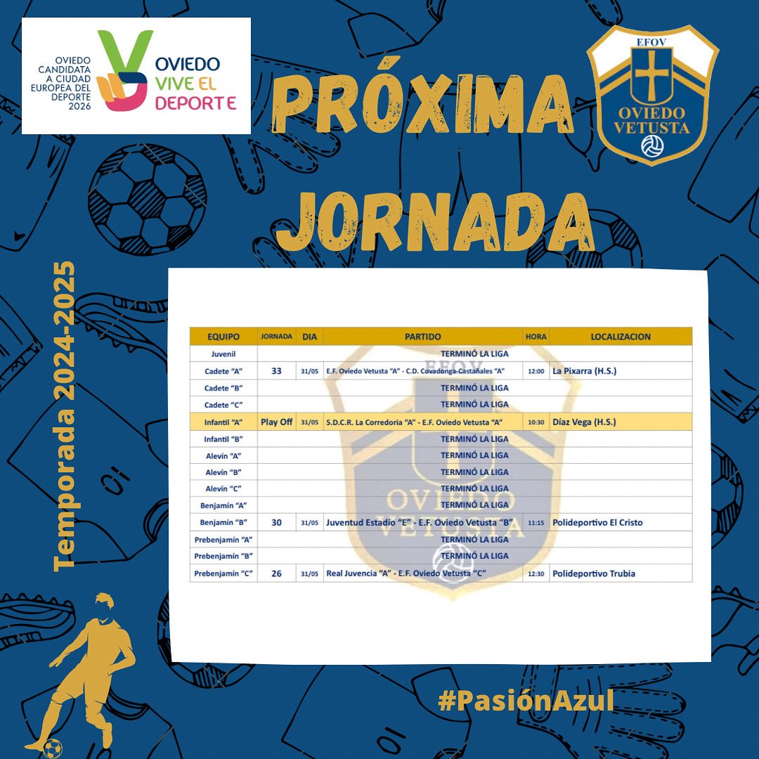 Estos son los partidos para este fin de semana. El #EFOVinfantilA juega el play off así que… OS NECESITAMOS!!!! #EFOVtemporada2425 #PasiónAzul