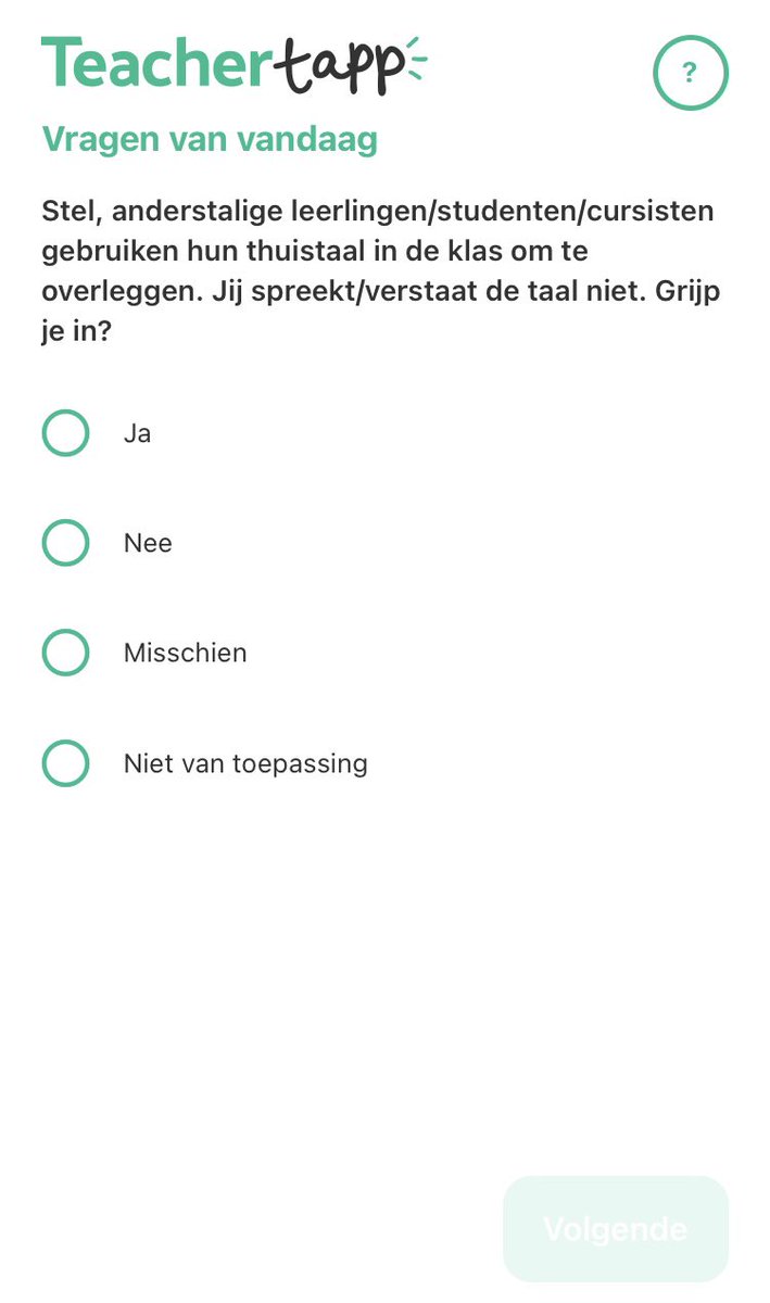 Deze vraag staat open tot 16.30 vandaag! 

Elke dag beantwoorden onze deelnemers vragen over onderwijs. Over wat er die dag in de klas gebeurde, hoe vaak iets voorkomt op school.

Doe jij ook mee aan het grootste onderwijspanel van Nederland? Download de app!

#Onderwijs