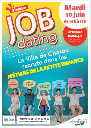 📢 JOB DATING - CHATOU, ESPACE HAL SINGER - 🗓️ MARDI 10 JUIN DE 14H A 17H
Venez rencontrer les équipes, découvrir les structures et passer des entretiens dans une ambiance conviviale et bienveillante. Une brève présentation des métiers et des opportunités ouvrira l'événement 👇