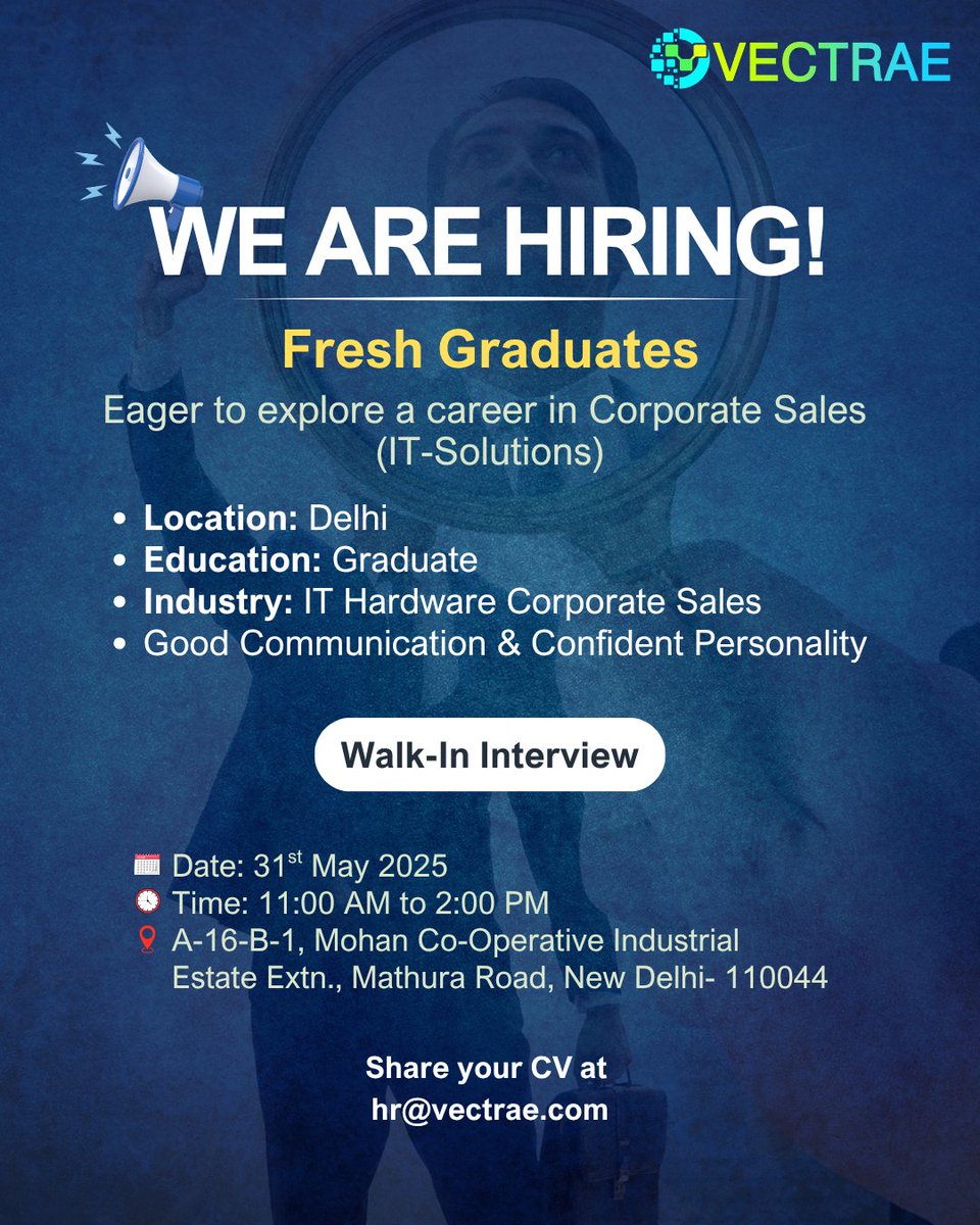 VectraeInfotech's tweet photo. We're Hiring Freshers!
Looking to kickstart your career in IT Sales? This is your chance!
📩 Apply now: hr@vectrae.com
🚀 Start your career journey with us today!
#hiringfreshers #salesjobs #careerstart #joinourteam #wearehiring #salescareer #fresherswelcome #itsolutions https://t.co/rHlggpBtt3