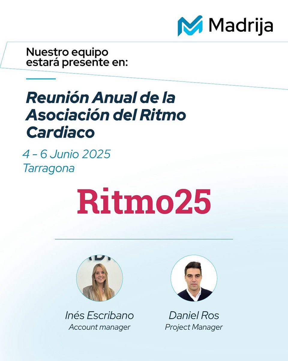 🎉 ¡Participamos  en la Reunión Anual RITMO en Tarragona!

🔍 Madrija asiste a este evento referencia en electrofisiología y arritmia.

📊 Mostraremos nuestras soluciones en salud digital, incluyendo la plataforma Enigma CIS, implantada en más de 50 hospitales de Europa.