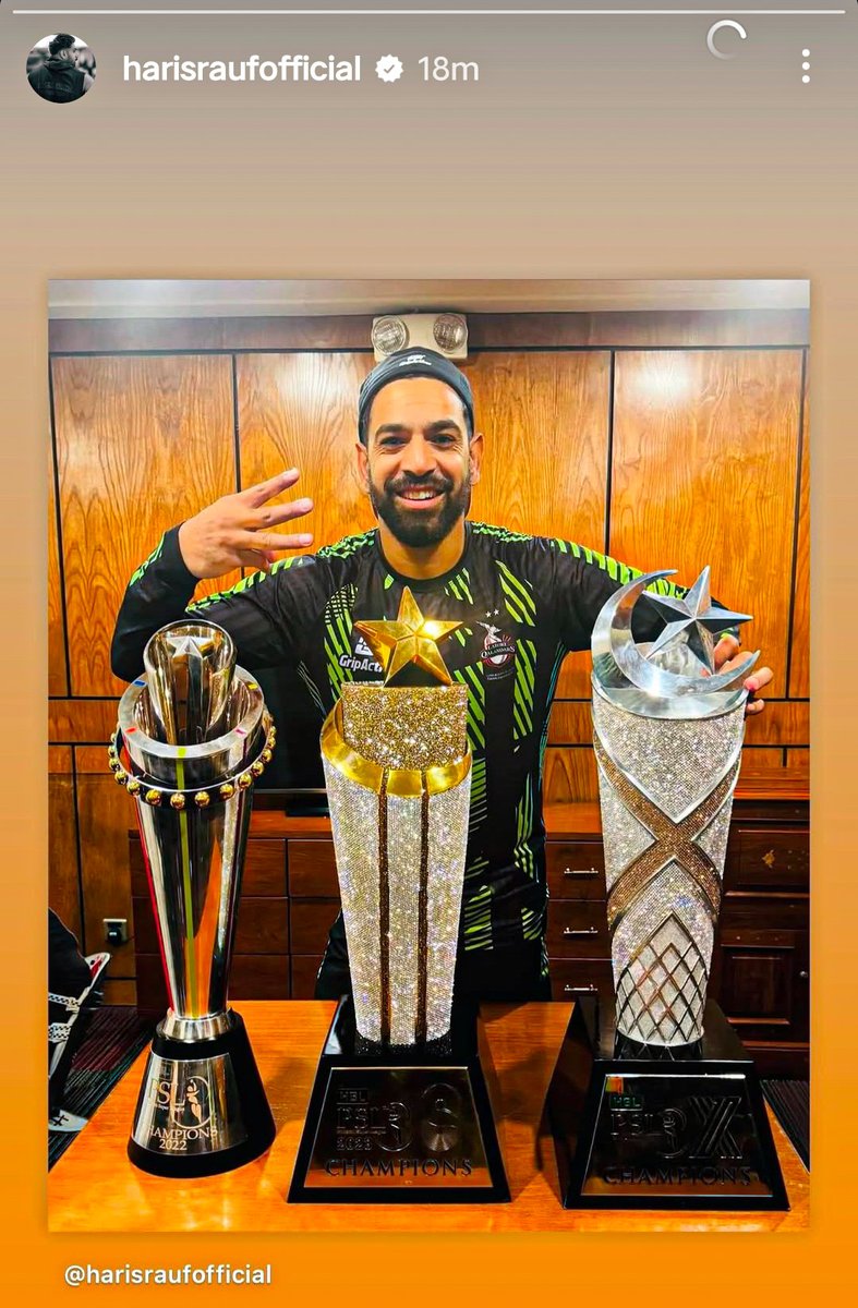 CricFollow56's tweet photo. Haris rauf Instagram story. 🏆🏆🏆
#HBLPSLX #LahoreQalander #HarisRauf https://t.co/0e2yQOhIJD