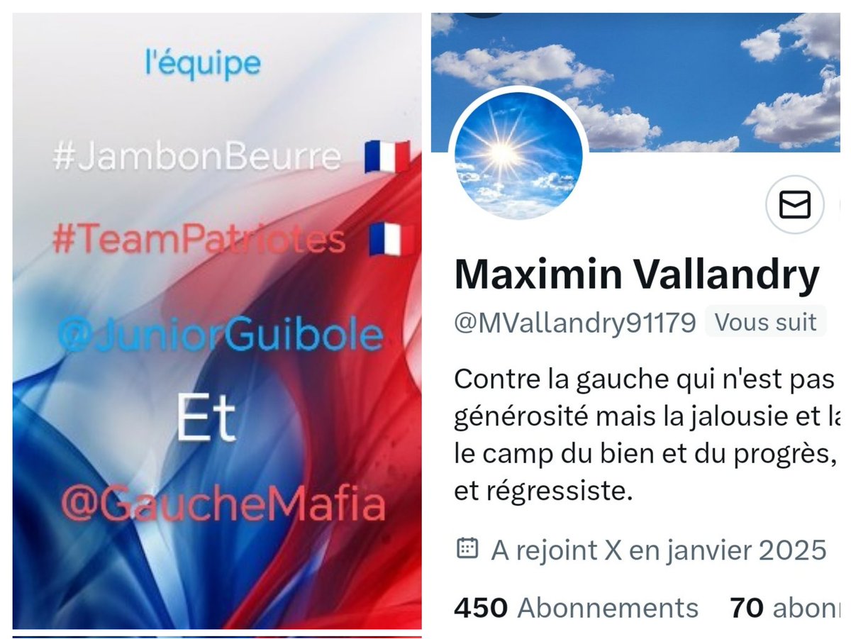 INFO🚨 Merci de partager !🚨
Mes amis abonnés😉
Ainsi que l'équipe #JambonBeurre #TeamPatriotes  🇨🇵 
Notre ami <a href="/MVallandry91179/">Maximin Vallandry</a>   👍
Aurait besoin d'un petit coup de pouce pour grossir sa TL!🥳
Et ainsi lui donner plus de visibilité ! Merci de vous abonner à lui !🙏
Et n'oubliez