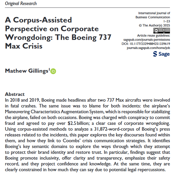 New paper out in the International Journal of Business Communication, using corpus linguistics to study crisis communication strategies throughout the Boeing 737 Max crisis. journals.sagepub.com/doi/10.1177/23…