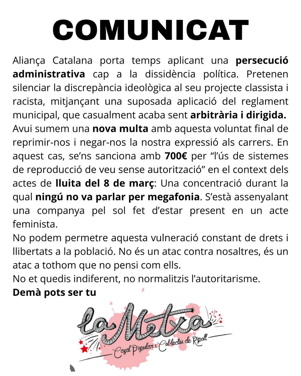 ⛓️‍💥De nou l'Ajuntament de Ripoll, en mans d'Aliança Catalana, reprimeix amb sancions arbitràries pel sol fet d’estar present en una mobilització feminista. 
 
✊🏼No permetrem que ens facin enrere. No és un atac contra nosaltres, és un atac a tothom que no pensi com ells.