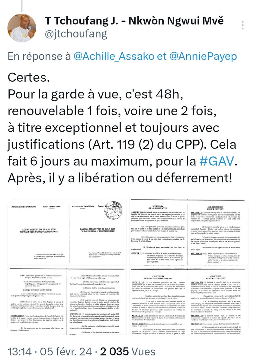 jtchoufang's tweet photo. @DjobNguimbous En effet...
Voici quelques rappels en matière de garde à vue.
16 jours maximum pour une juridiction militaire et 6 jours si l'affaire dépend d'un tribunal civil.
Ce fil donne les références pour le CPP (Cf affaire #Bopda)
https://t.co/TnTqV0zCN8 https://t.co/24CmUsRXgm