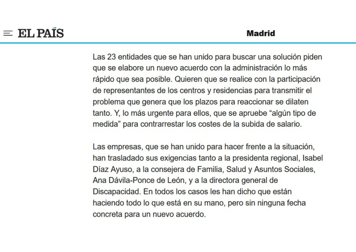Las entidades para personas con discapacidad física en Madrid, en “gravísima situación” por falta de financiación autonómica.

En enero se aprobó una subida salarial (10%) para los trabajadores,pero el acuerdo marco con el que operan no se ha actualizado.

elpais.com/espana/madrid/…