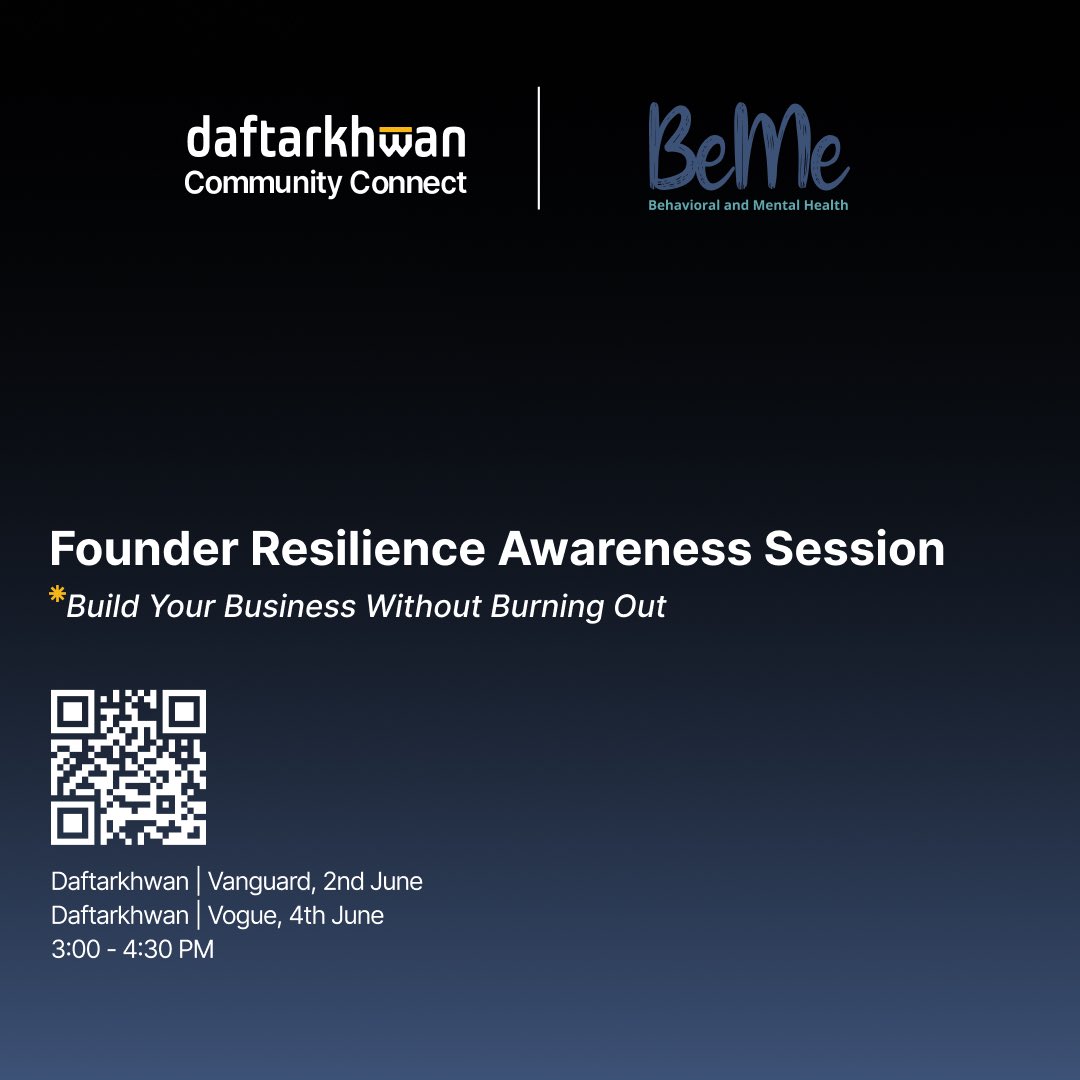 daftarkhwan (@daftarkhwan) on Twitter photo Build your business without burning out. 
Join Be Me for the Founder Resilience Awareness Session — a live, interactive experience led by mental health experts and #founders.
📍 Isb – June 2, Vanguard
📍 LHR – June 4, Vogue
Limited Spots: tally.so/r/m69aGk
#Daftarkhwan Build your business without burning out. 
Join Be Me for the Founder Resilience Awareness Session — a live, interactive experience led by mental health experts and #founders.
📍 Isb – June 2, Vanguard
📍 LHR – June 4, Vogue
Limited Spots: tally.so/r/m69aGk
#Daftarkhwan