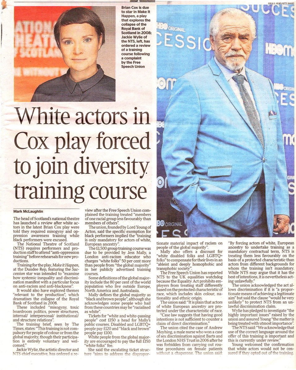 Scotland’s National Theatre is forcing only white actors in Brian Cox’s new play to undergo ‘anti-oppression’ training—while exempting others based on race. If this isn’t racism, what is? Discrimination in the name of diversity is still discrimination. #Racism #BrianCox