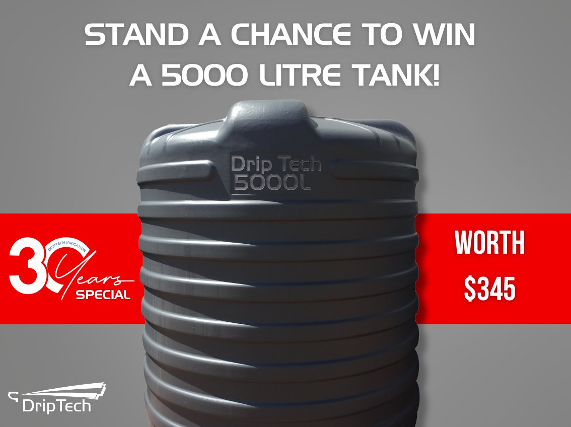 DriptechI's tweet image. WIN a 5000L water tank worth $345! 

It’s the final giveaway of DripTech’s 30-year anniversary specials!

Visit our Facebook &amp;amp; Instagram to enter!

#Driptech #30years #jumbotank #GIVEAWAYS #irrigation