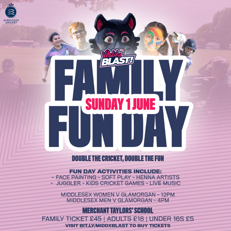 Middlesex_CCC's tweet photo. 🎟️ | DOUBLE THE CRICKET. DOUBLE THE FUN.
Treat the family to a Vitality Blast double header at Merchant Taylors' School at our Family Fun Day 💥

With a family ticket, two adults and two kids can enjoy the action for just £45!

BUY NOW ⬇️ | #OneMiddlesex