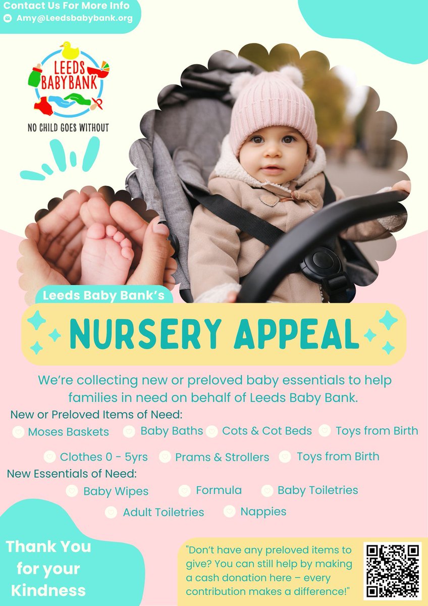 🍼 Support Leeds Baby Bank! 🧸
We need baby essentials—nappies, formula, clothes, toys—to help local families give their little ones the best start.
Donate or share to show you care 💛
#LeedsBabyBank #CommunitySupport #DonateWithLove
