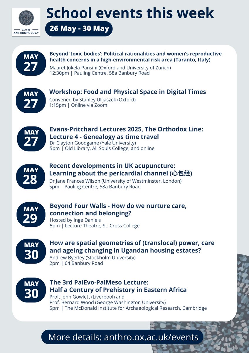 Oxford Anthropology (@oxford_anthro) on Twitter photo Which #Anthropology theme will you pick this week?
🥣Future of food in digital times
🥼Developments in UK acupuncture
🌍Prehistory in eastern Africa
🏗️<a href="/disobedientbuil/">Disobedient Buildings</a> event asking how do we nurture care, connection and belonging?
All events: anthro.ox.ac.uk/events Which #Anthropology theme will you pick this week?
🥣Future of food in digital times
🥼Developments in UK acupuncture
🌍Prehistory in eastern Africa
🏗️<a href="/disobedientbuil/">Disobedient Buildings</a> event asking how do we nurture care, connection and belonging?
All events: anthro.ox.ac.uk/events