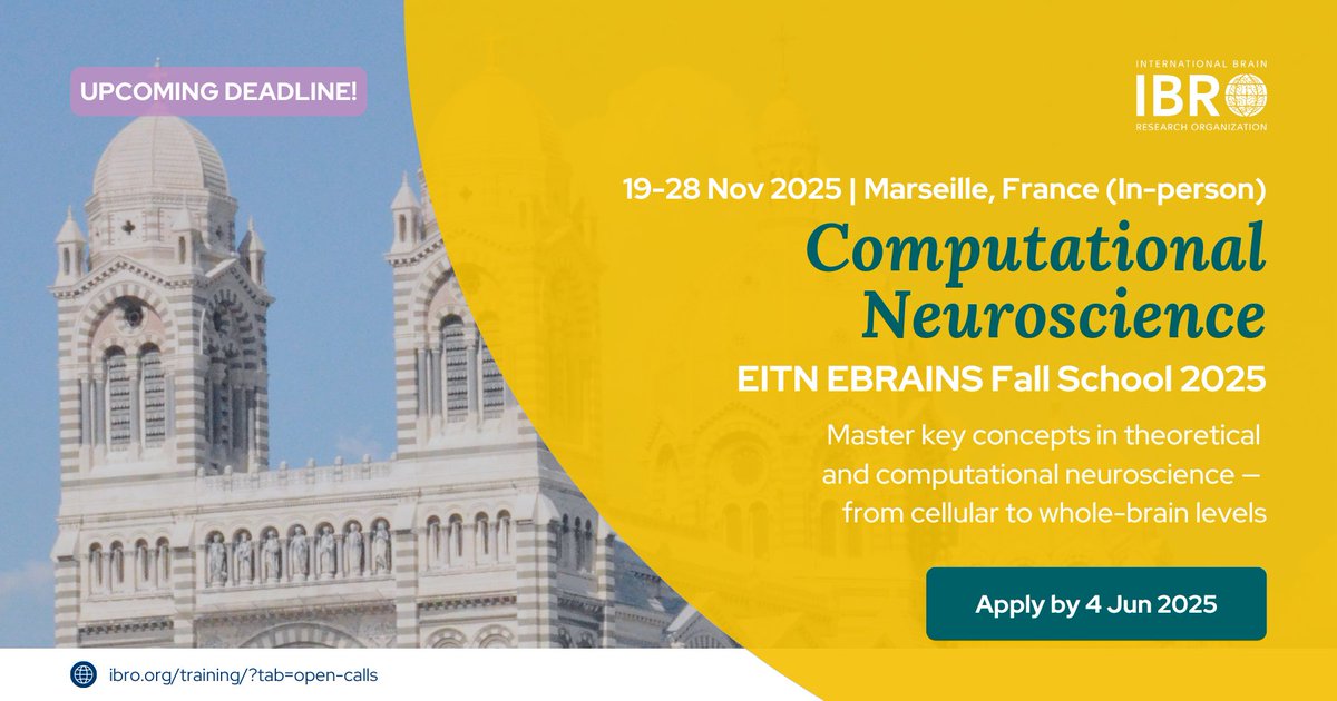 🚨DEADLINE COMING SOON! Apply for this in-person #training in Marseille, France to dive into the world of computational #neuroscience &amp; connect with researchers from around the world 🌍
ibro.org/training-oppor… 
🧠 Apply by 4 June 2025

<a href="/EBRAINS_eu/">EBRAINS</a> <a href="/EITN_Paris/">EITN</a> <a href="/INS_Umr1106/">Institut de Neuroscience des Systèmes</a>