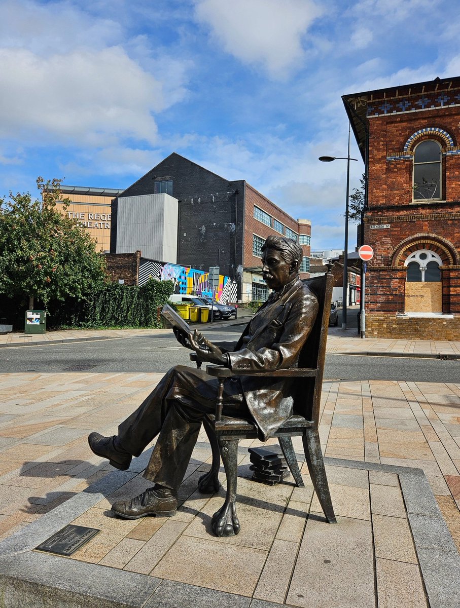 The author Arnold Bennett was born ##OTD 27 May 1867 in Hanley, Stoke-on-Trent. He was prolific and successful, many of his books set in what he called 'the five towns' of the Potteries. He sits reading in Bethesda Street, Hanley, outside the Potteries Art Gallery and Museum. 1/3