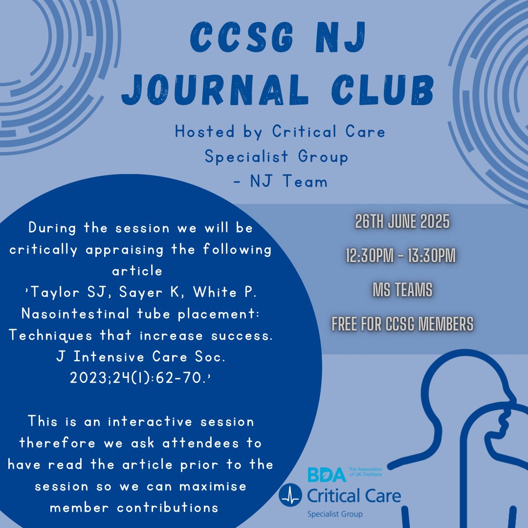 Critical Care Specialist Group of @BDA_Dietitians (@bdacriticalcare) on Twitter photo 📢 Join us for the CCSG NJ Journal Club!
🗓️ 26 June 2025 | 🕧 12:30–1:30 PM | 💻 MS Teams
💬 Interactive discussion – read the paper beforehand
📩 Issues accessing the paper? Contact: sgevents@bda.uk.com 📢 Join us for the CCSG NJ Journal Club!
🗓️ 26 June 2025 | 🕧 12:30–1:30 PM | 💻 MS Teams
💬 Interactive discussion – read the paper beforehand
📩 Issues accessing the paper? Contact: sgevents@bda.uk.com