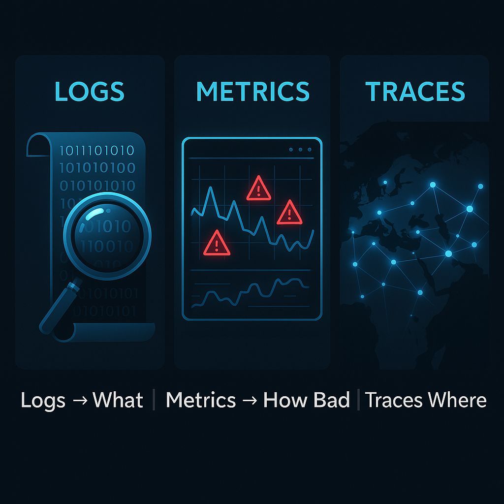NickosLTD's tweet photo. Debugging without all three observability pillars?
 You’re flying blind.  
Logs: What happened  
Metrics: How bad it is  
Traces: Where it broke  
Missing one? You’re solving half the puzzle. #DevOps #Observability" https://t.co/15kYgP9gzY
