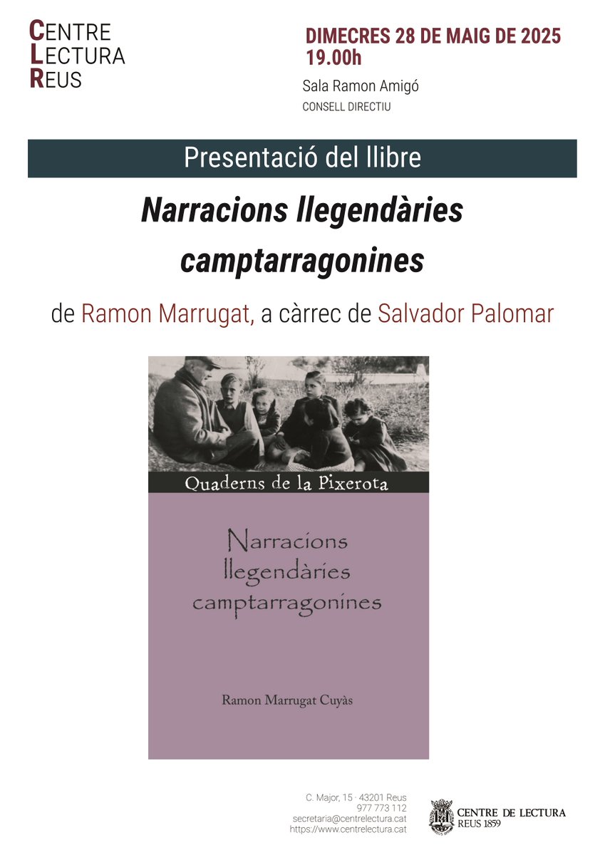 Centre de Lectura (@centredelectura) on Twitter photo 📖 Demà dimecres a les 19.00, Salvador Palomar presentarà el llibre «Narracions llegendàries tarragonines» de Ramon Marrugat Cuyàs #Reus #joproposo <a href="/AgendaCultura/">Agenda Cultural de Catalunya</a> <a href="/ReusCultura/">Reus Cultura</a> <a href="/SagendaCultura/">S´Agenda Cultura</a> <a href="/ganzellcat/">Ganzell</a> <a href="/Surtdecasa/">Surtdecasa</a> <a href="/laguiadereus/">La Guia de Reus</a> <a href="/canalreus/">Canal Reus</a> <a href="/reusdigitalcat/">Reusdigital.cat</a> 📖 Demà dimecres a les 19.00, Salvador Palomar presentarà el llibre «Narracions llegendàries tarragonines» de Ramon Marrugat Cuyàs #Reus #joproposo <a href="/AgendaCultura/">Agenda Cultural de Catalunya</a> <a href="/ReusCultura/">Reus Cultura</a> <a href="/SagendaCultura/">S´Agenda Cultura</a> <a href="/ganzellcat/">Ganzell</a> <a href="/Surtdecasa/">Surtdecasa</a> <a href="/laguiadereus/">La Guia de Reus</a> <a href="/canalreus/">Canal Reus</a> <a href="/reusdigitalcat/">Reusdigital.cat</a>