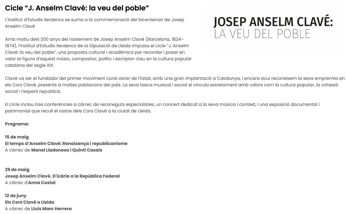 Dijous seré a Lleida! Conferència claveriana a l'<a href="/IEILleida/">INSTITUT D'ESTUDIS ILERDENCS</a> 😃 <a href="/anyclave/">Any Clavé</a>  iei.cat/ca/administrac…