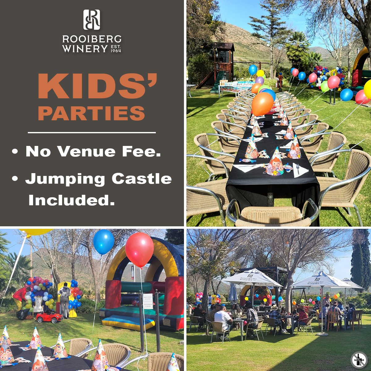Looking for the ultimate birthday spot? At Rooiberg, there’s no venue fee – and we even throw in a jumping castle for extra fun! Book your party today 📞 023 626 1663 ✉️info@rooiberg.co.za 
#RooibergWinery #KidsPartyVenue #FamilyFun #BirthdayBash #RobertsonWinelands