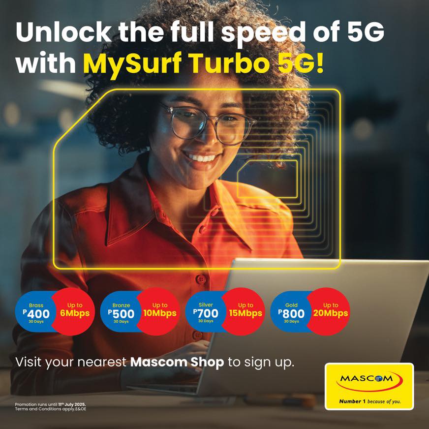 Blaze through the net with MySurf Turbo 5G! 🚀📱

Unlimited browsing, free mins &amp; SMS - starting at just P400!

Perfect for streaming, gaming, or scrolling nonstop.

Head to your nearest Mascom shop &amp; get turbocharged!
#MySurfTurbo5G #Number1BecauseOfYou