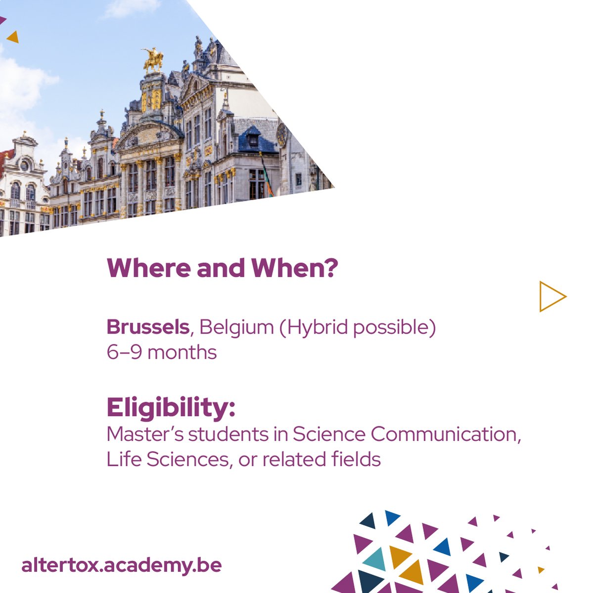 Altertox Academy (@altertoxacademy) on Twitter photo ๐จ Internship in Science Communication
๐ Brussels, Belgium (Hybrid possible)
๐ 6โ9 months
๐ Masterโs students in Science Communication, Life Sciences, or related fields
Potential for a contract offer post-internship!
Reach out to info@altertox.be with your CV ๐จ Internship in Science Communication
๐ Brussels, Belgium (Hybrid possible)
๐ 6โ9 months
๐ Masterโs students in Science Communication, Life Sciences, or related fields
Potential for a contract offer post-internship!
Reach out to info@altertox.be with your CV
