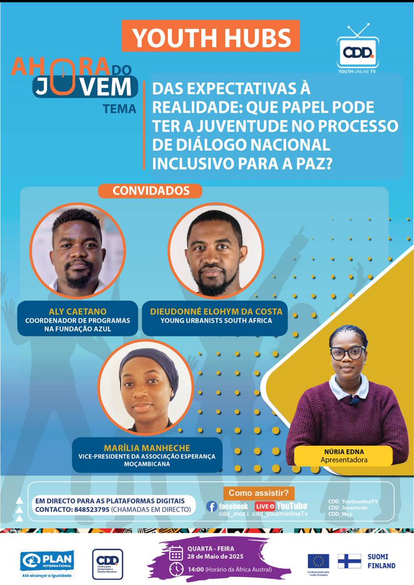 Acompanhe o programa A HORA DO JOVEM desta semana, que pretende debruçar-se sobre o tema: Das Expectativas à Realidade: Que Papel Pode ter a Juventude no Processo de Diálogo Nacional para a Paz?
O SOU JOVEM, dá-lhe as boas-vindas à nova temporada do programa a Hora do Jovem