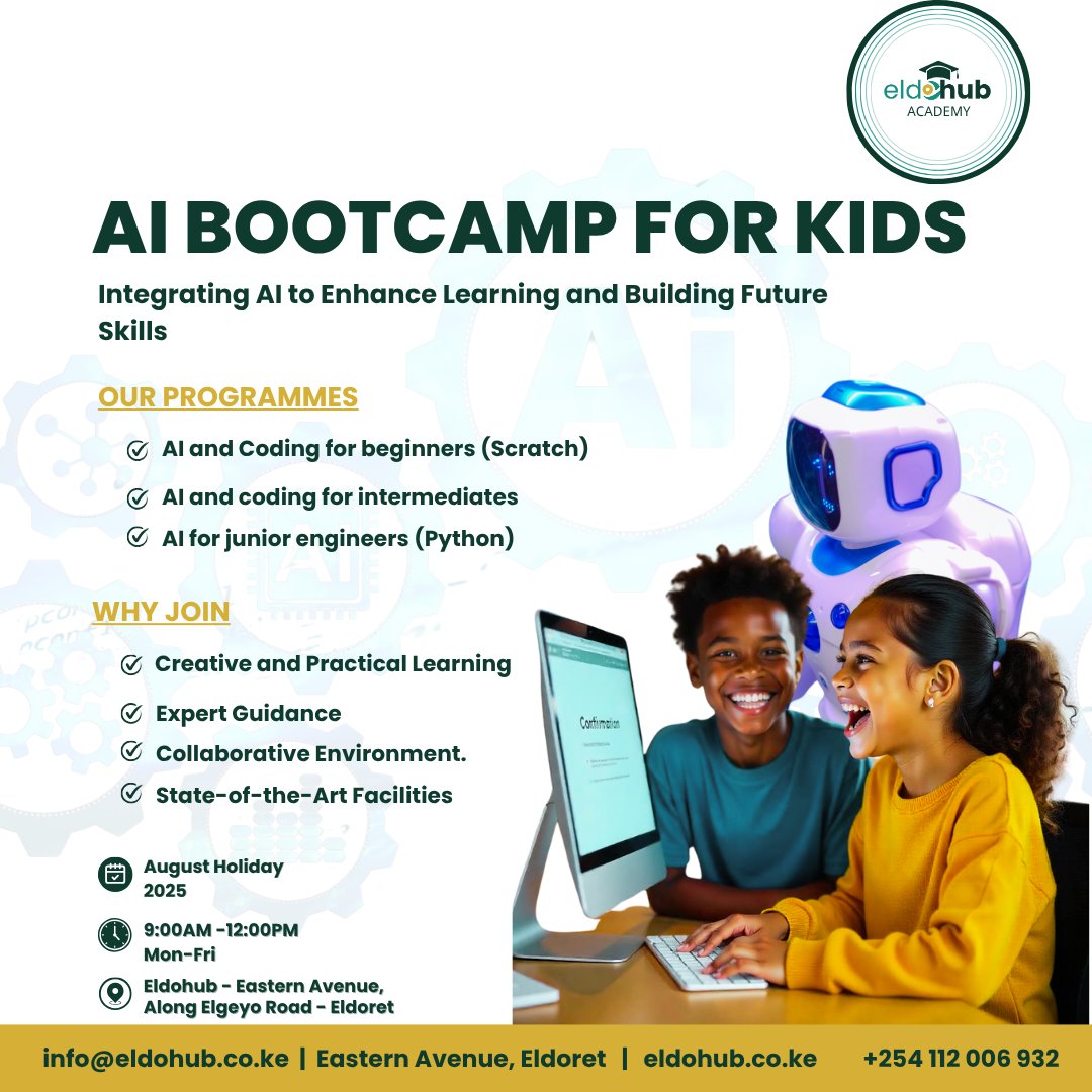 eldohubacademy's tweet photo. August Kids Code Bootcamp pre-book at @eldohubacademy is live! Four weeks of a Python game, mentor-led, with fee-instalment options.
Reply ENROLKIDS for the guide.
@eldohub
#KidsBootcamp #AI美女 #technology
Tubonge Tuesday