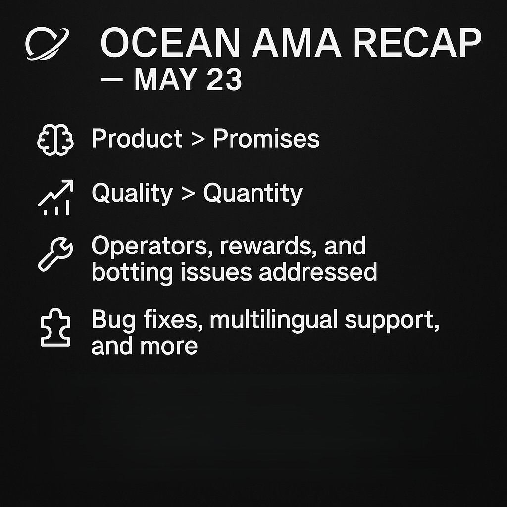 AGrenuk's tweet photo. 🌊 OCEAN AMA RECAP — MAY 23
🧠 Product > Promises
📈 Quality > Quantity
🛠️ Operators, rewards, and botting issues addressed
🧩 Bug fixes, multilingual support, and more
💬 Weekly updates keep flowing. The tide is rising. https://t.co/y7S5fGMYqe